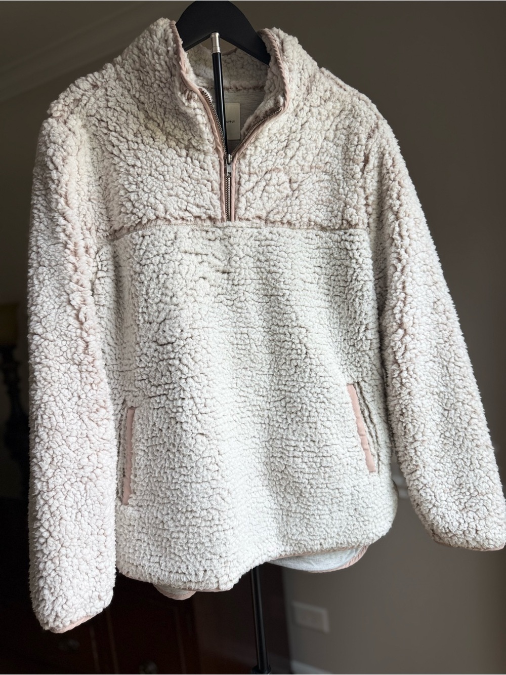 Thread Up Plush Fleece Sherpa Half-Zip Jacket in Ivory/Rose